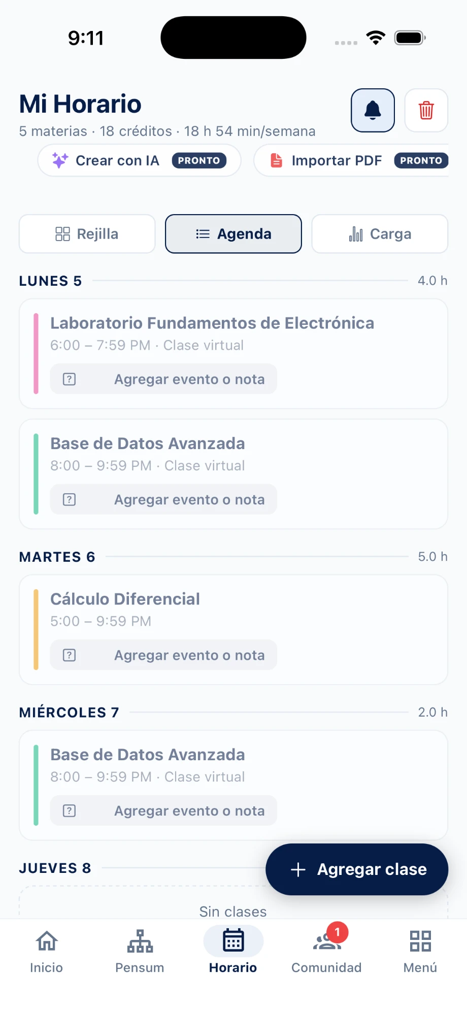 Planificador de horario de MiPensum con las clases de la semana organizadas por día