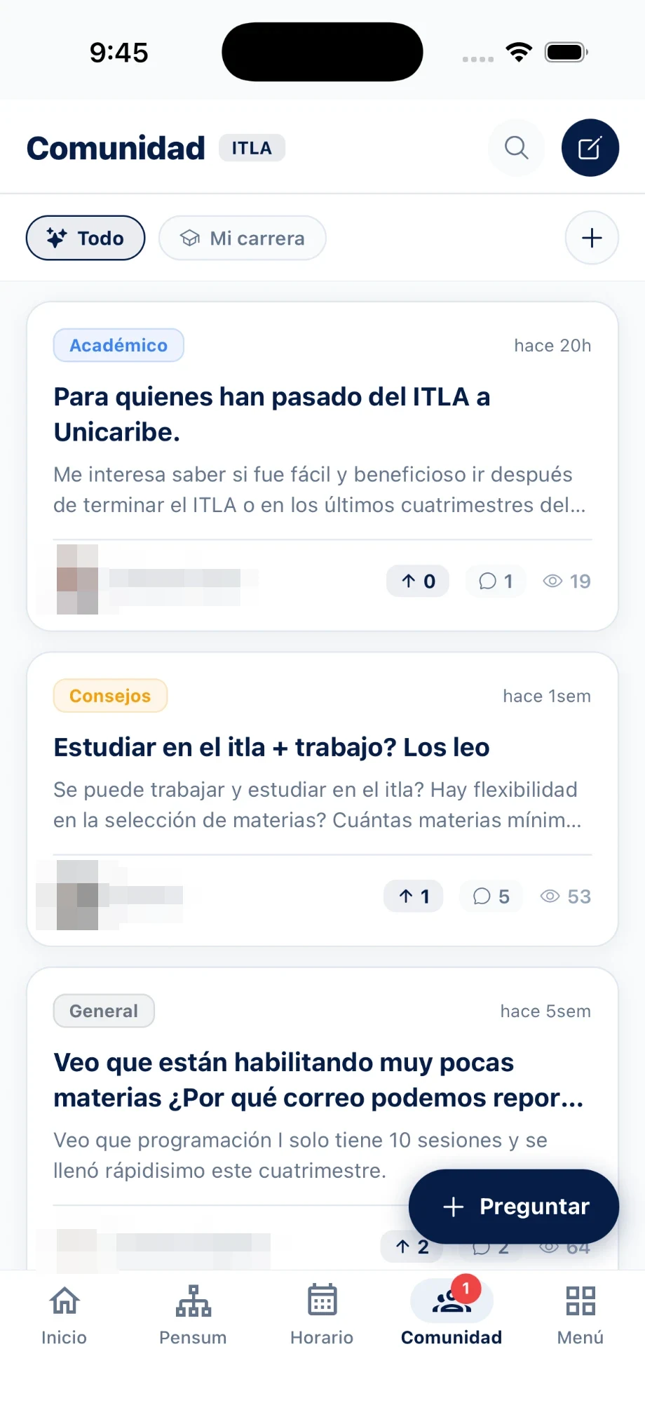 Foro de la comunidad de MiPensum con hilos de estudiantes por universidad